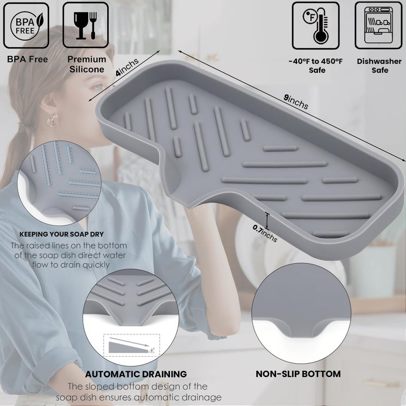 YASMEN Silicone Bathroom Soap Dishes, Sponge Holder for Kitchen Sink, Shower Soap Holder with Drain, Soap Dispenser Tray, Soap Dish for Bar Soap, Soap Bottle, Cup, Sink or Counter Organizer - Gray 9"" x 4"" - Image 2